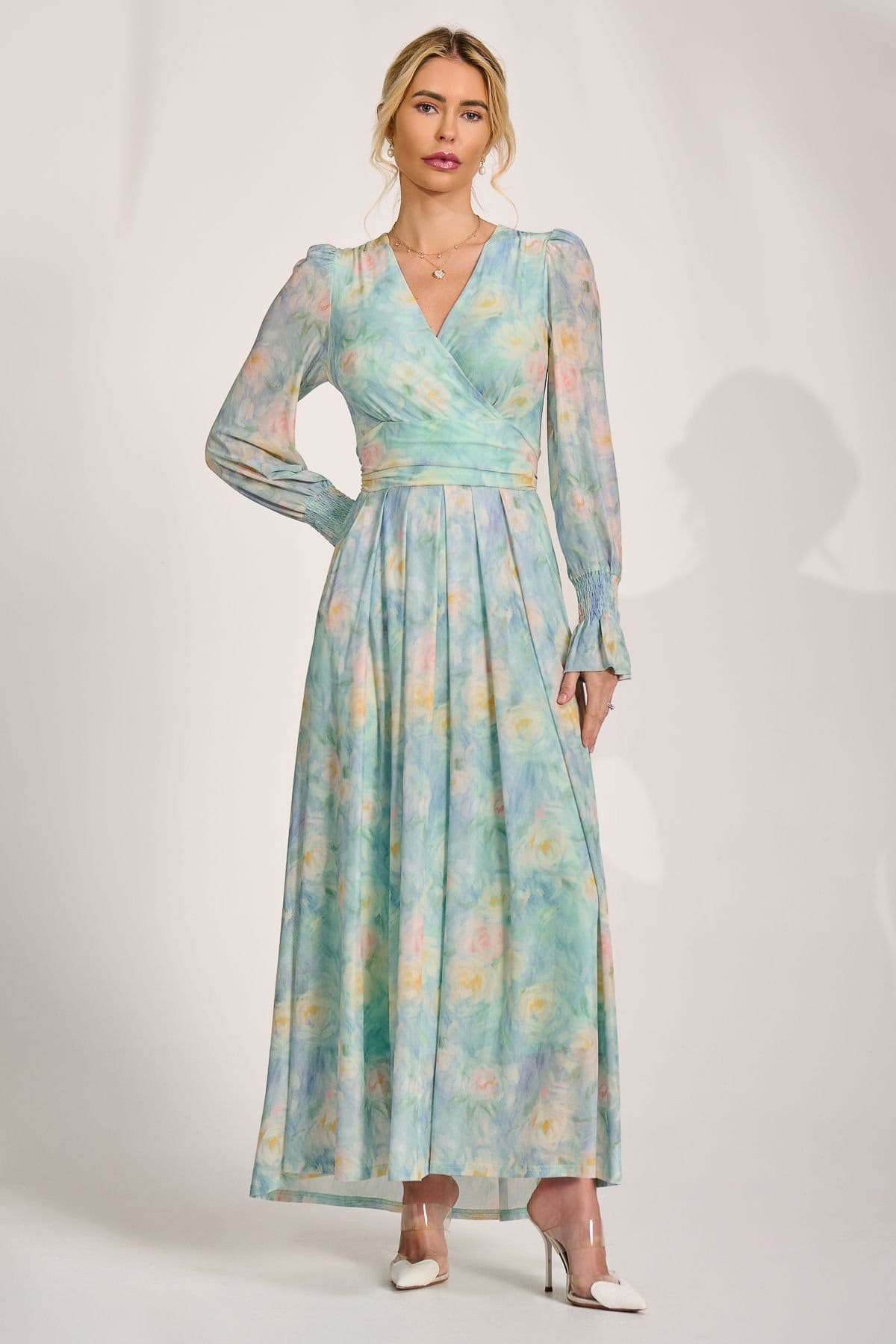 Jolie Moi Jolie Moi Women's Long Sleeve V Neck Mesh Maxi Dress in Light Green - 4