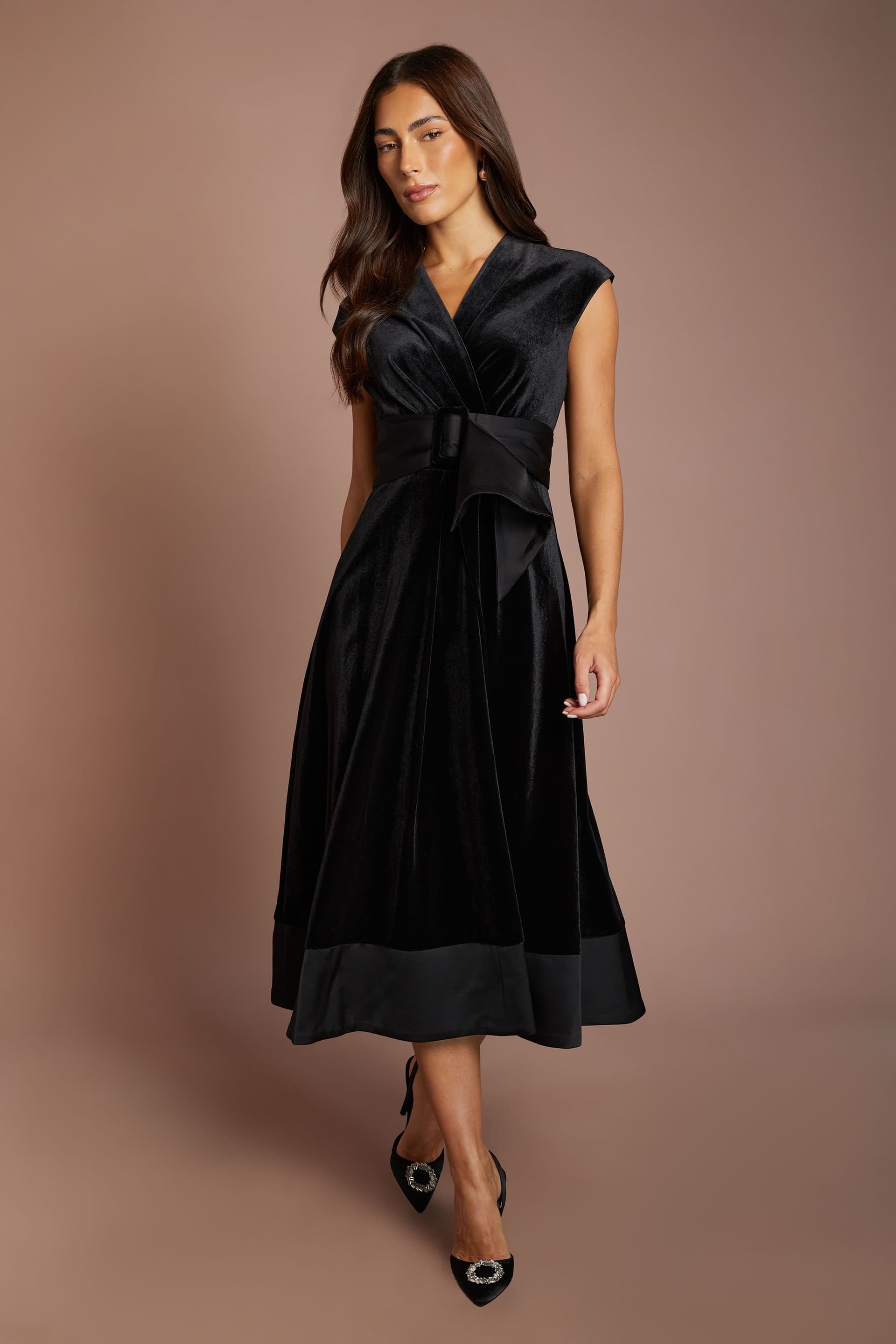 Coast Coast Black Velvet Belted Midi Dress