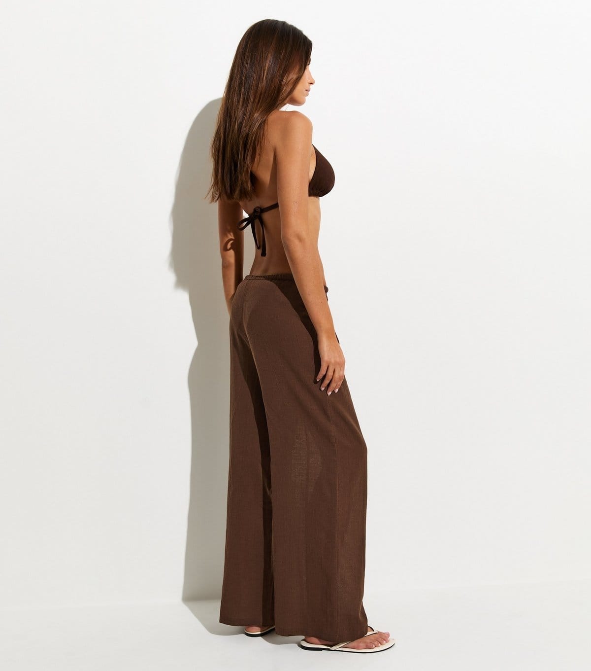 New Look Women's Dark Brown Cotton Slub Beach Trousers New Look - 4