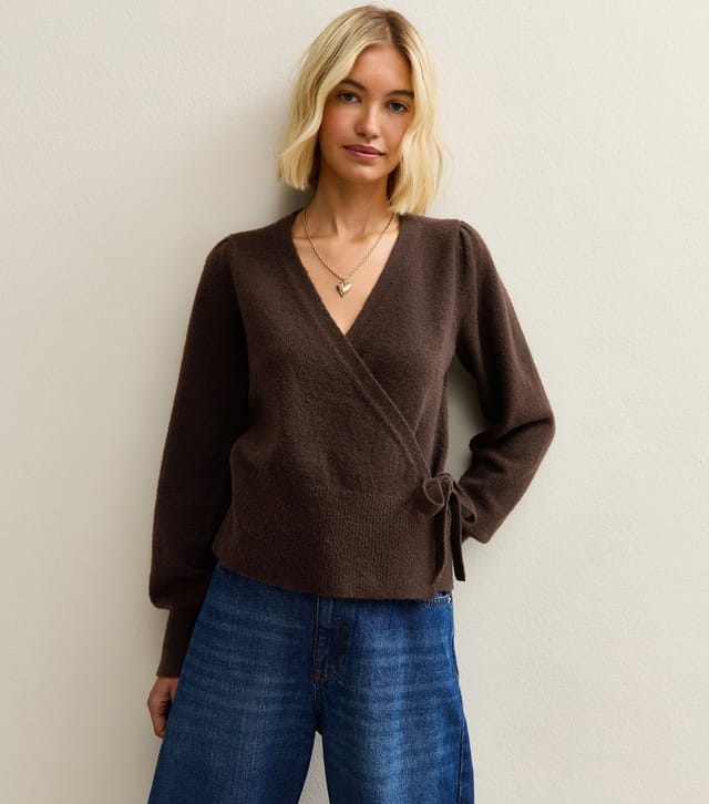 New Look Women's Dark Brown Puff Sleeve Wrap Jumper New Look - 3