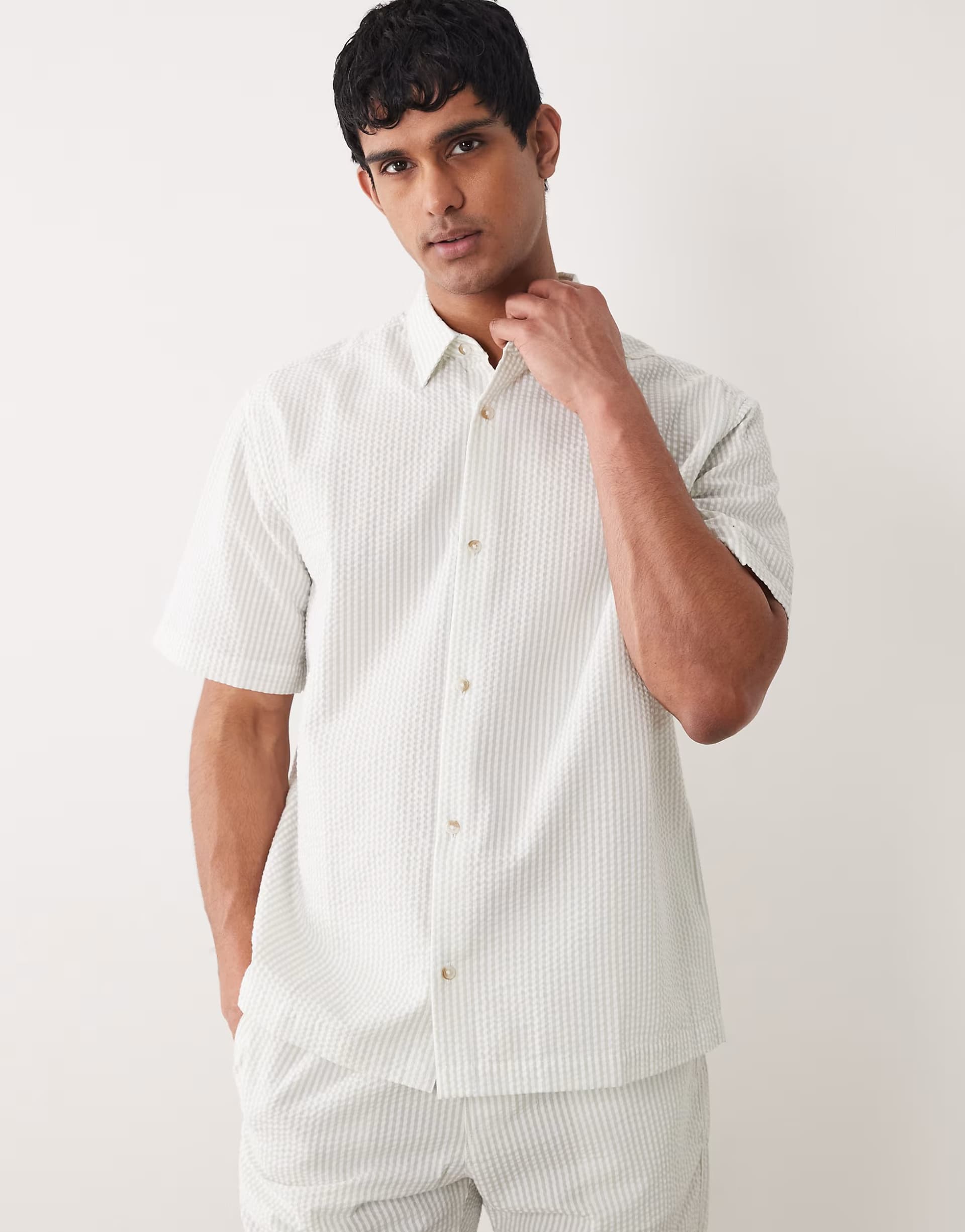 ASOS ASOS DESIGN co-ord relaxed seersucker stripe shirt in sage green