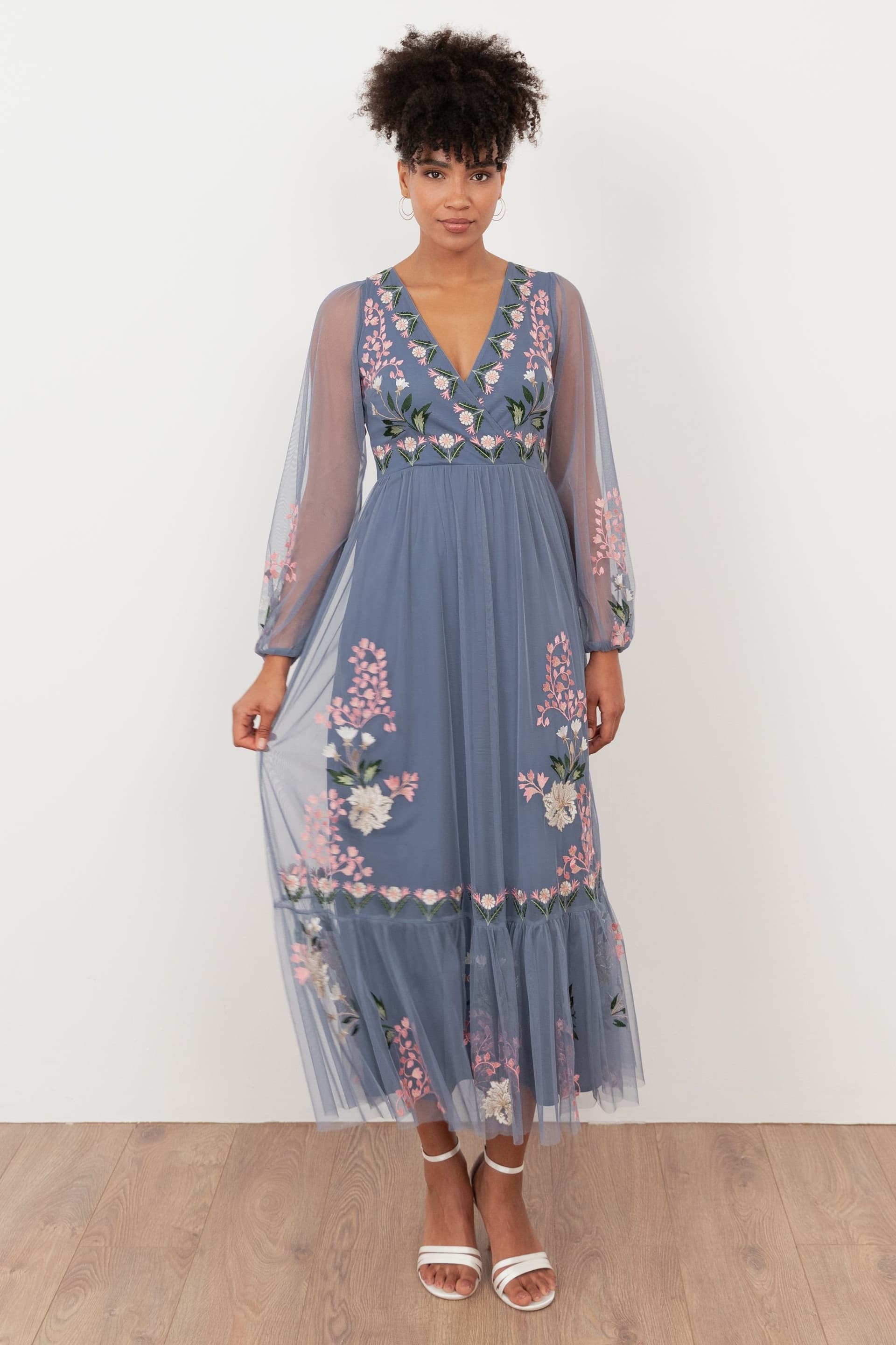 Maya Deluxe Maya Deluxe Women's Embroidered Faux Wrap Long Sleeve Midaxi Dress in Mid Blue