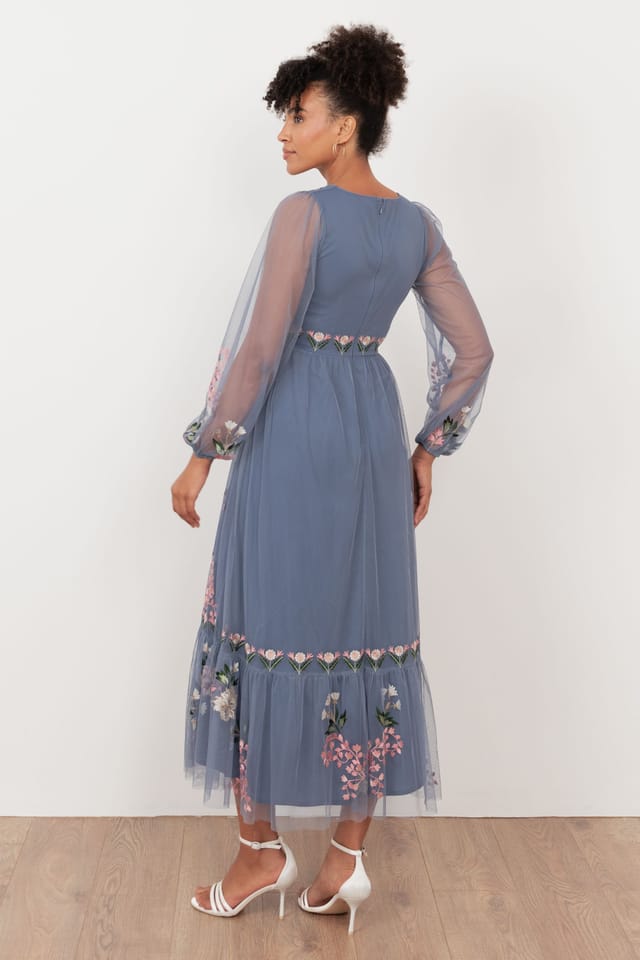 Maya Deluxe Maya Deluxe Women's Embroidered Faux Wrap Long Sleeve Midaxi Dress in Mid Blue - 2
