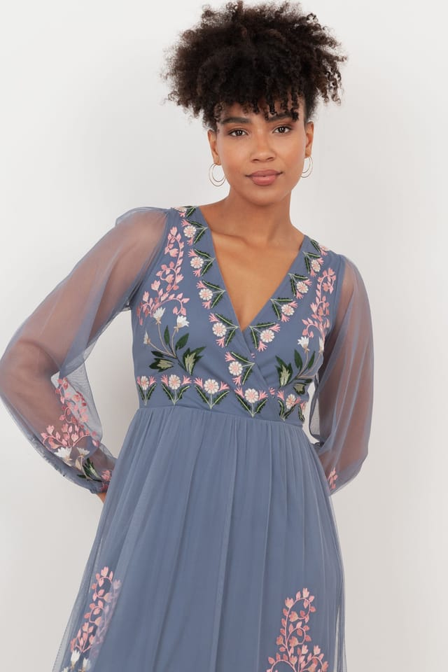 Maya Deluxe Maya Deluxe Women's Embroidered Faux Wrap Long Sleeve Midaxi Dress in Mid Blue - 3