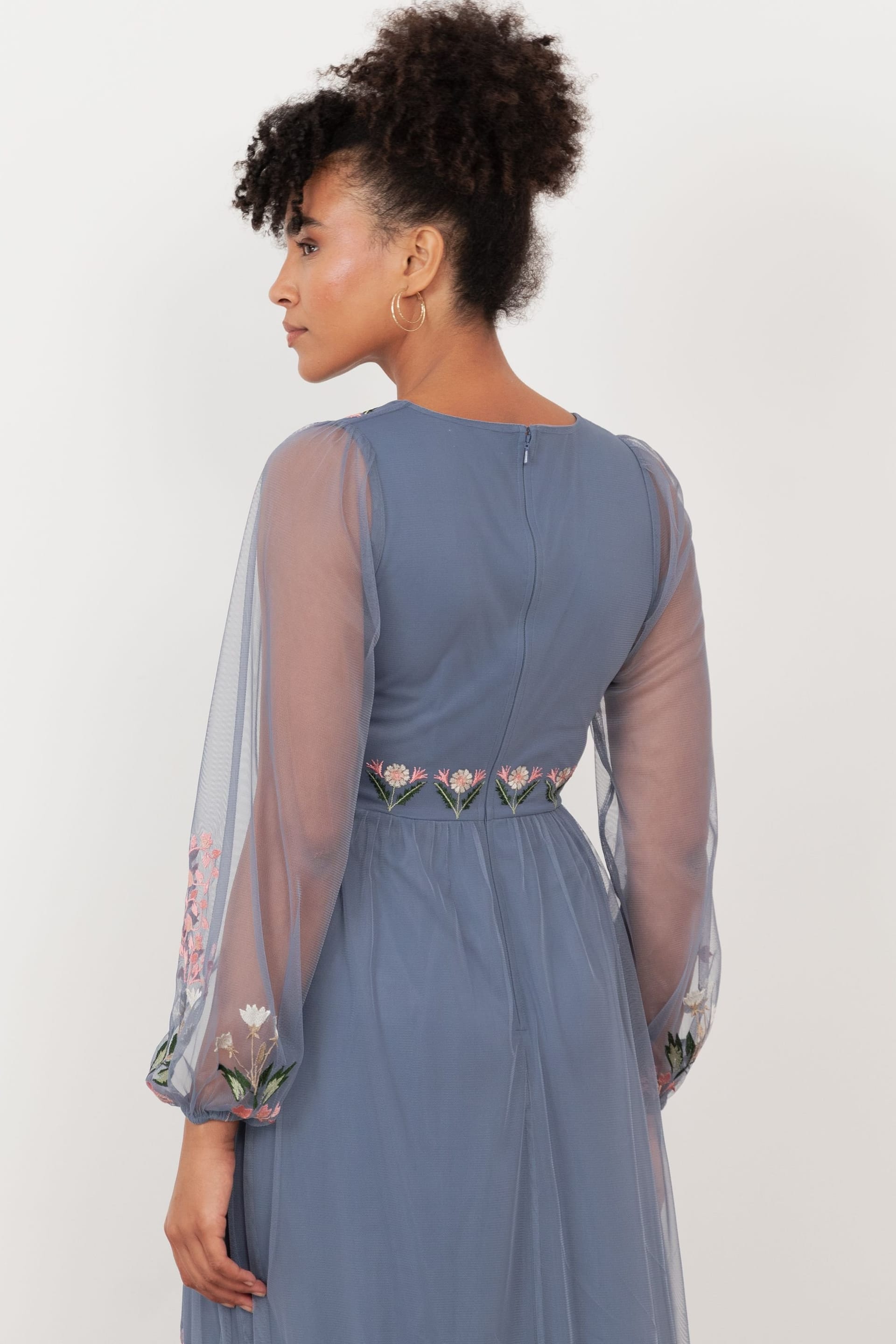 Maya Deluxe Maya Deluxe Women's Embroidered Faux Wrap Long Sleeve Midaxi Dress in Mid Blue - 4