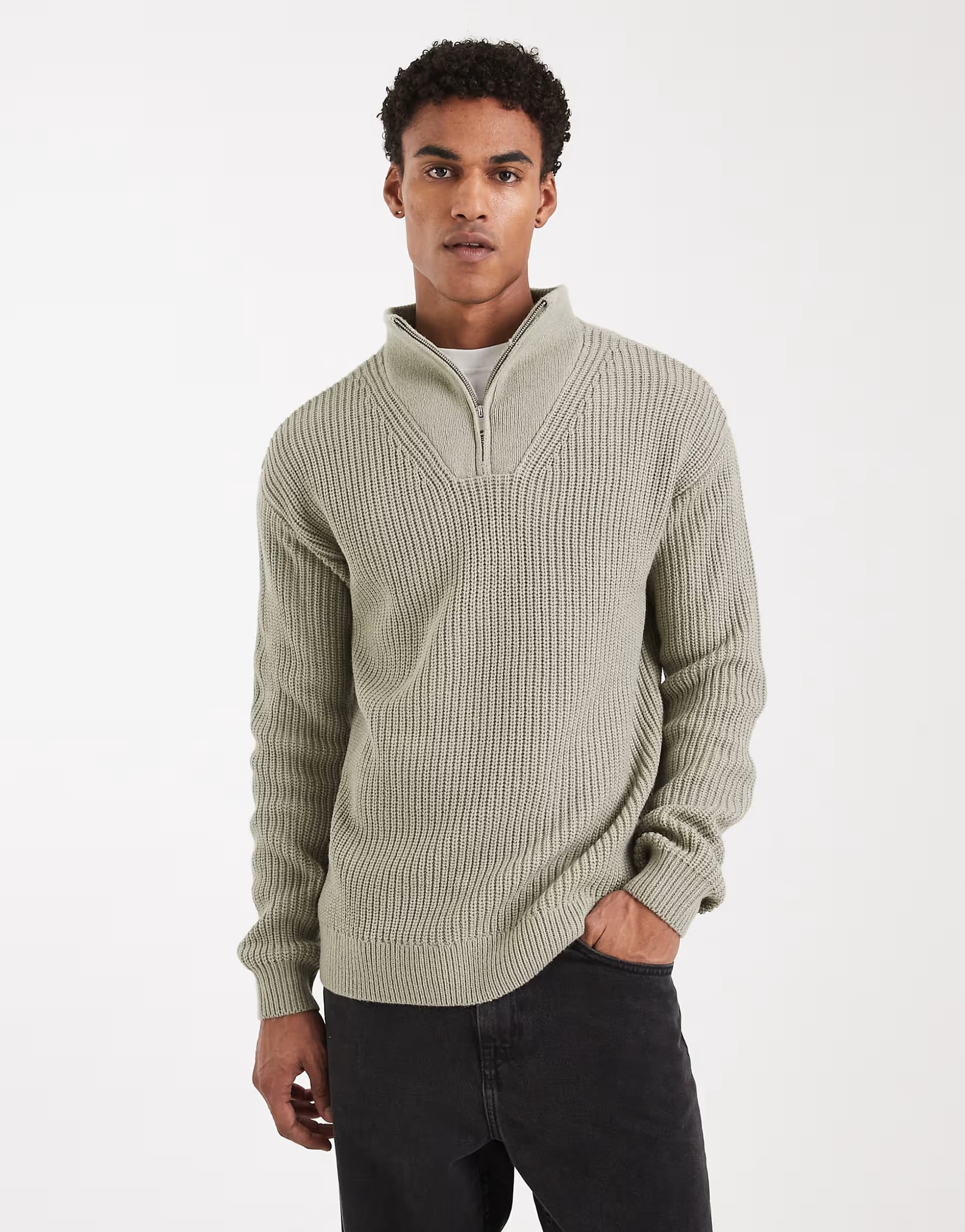 ASOS New Look funnel neck 1/4 zip jumper in pale grey