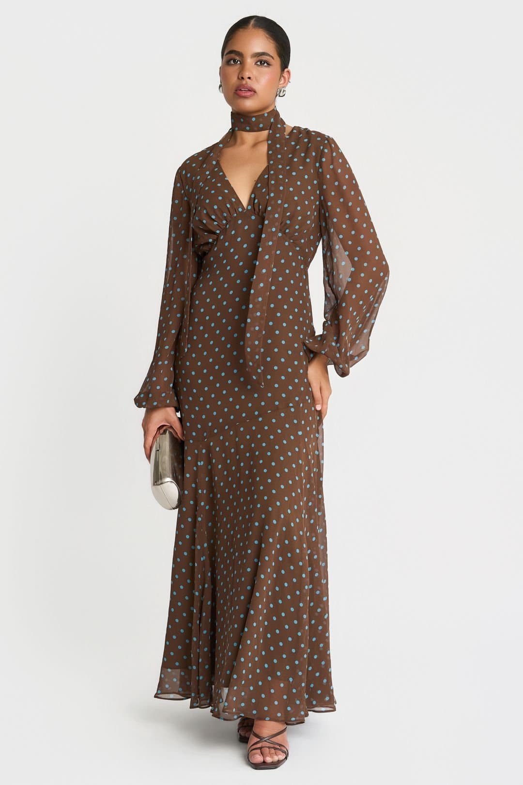 Needs No Label Needs No Label Women's Chocolate Spot Tie Neck Maxi Dress in Brown
