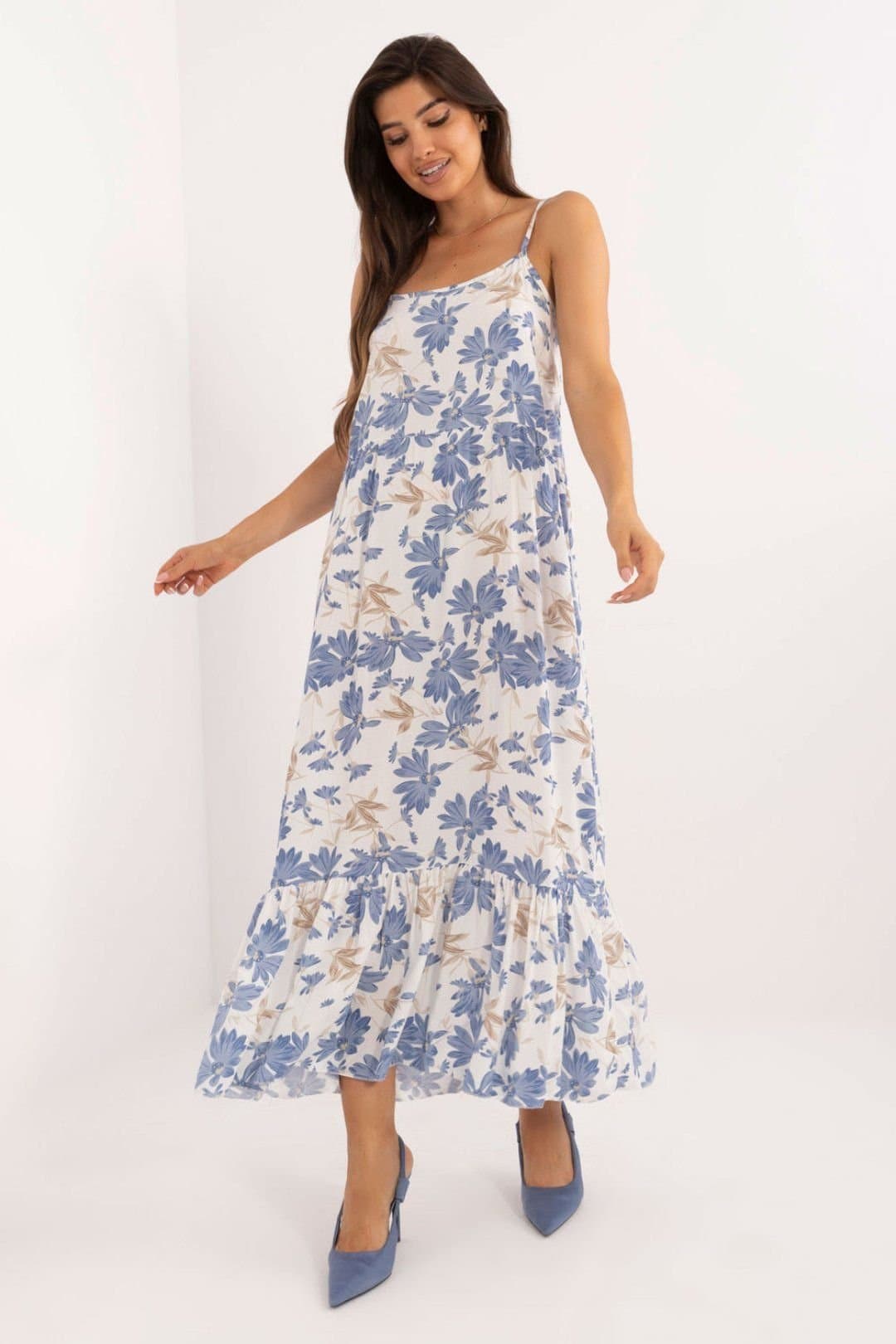 Love Lace Love Lace Women's Strapy Flared Midi Floral Viscose Dress in White