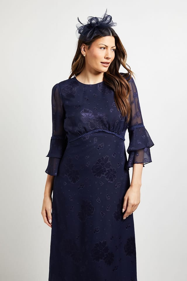 Wallis Wallis Women's Burn Out Ruffle Sleeve Midi Dress in Navy - 2