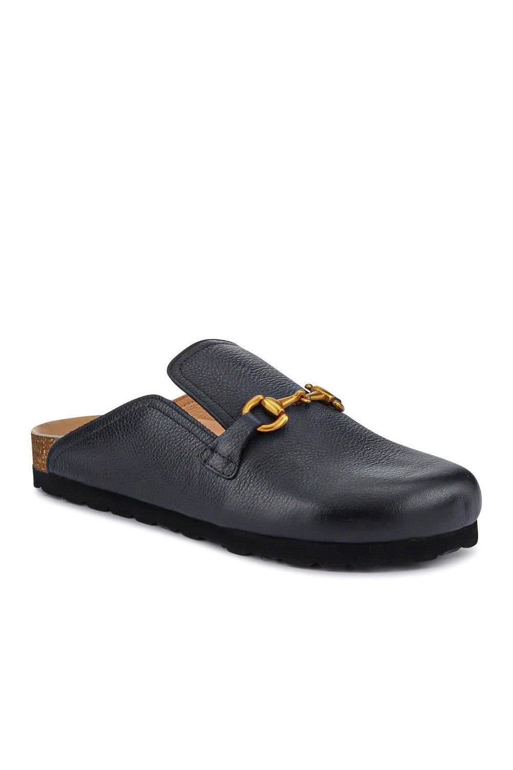 Jones Bootmaker Jones Bootmaker Black Leather Mules with Gold Horsebit