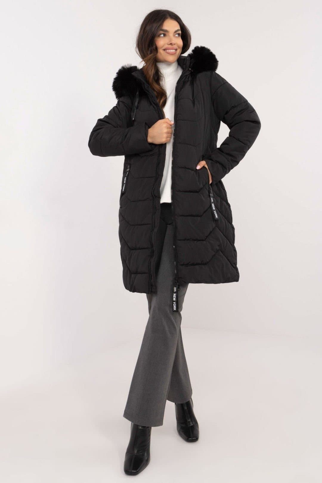 Love Lace Love Lace Women's Knee Length Detachable Hood Quilted Down Jacket in Black
