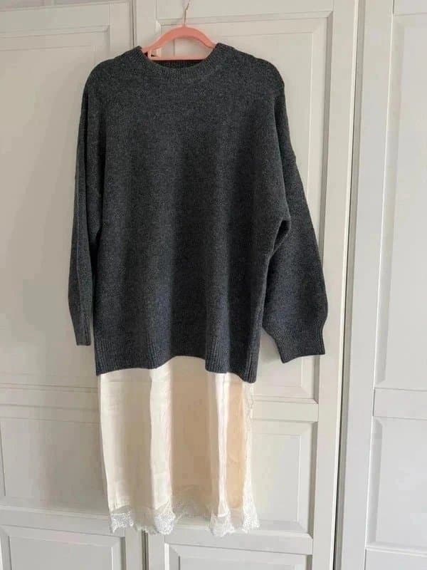 ASOS Women lace mix hem longline jumper - Size S (UK8-10) Charcoal Grey with belt