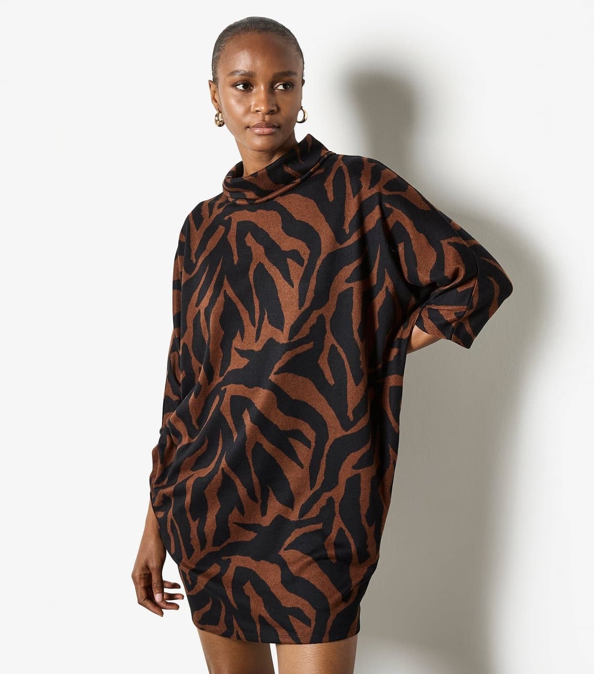 Apricot Women's Brown Zebra High Neck Cocoon Dress Apricot New Look