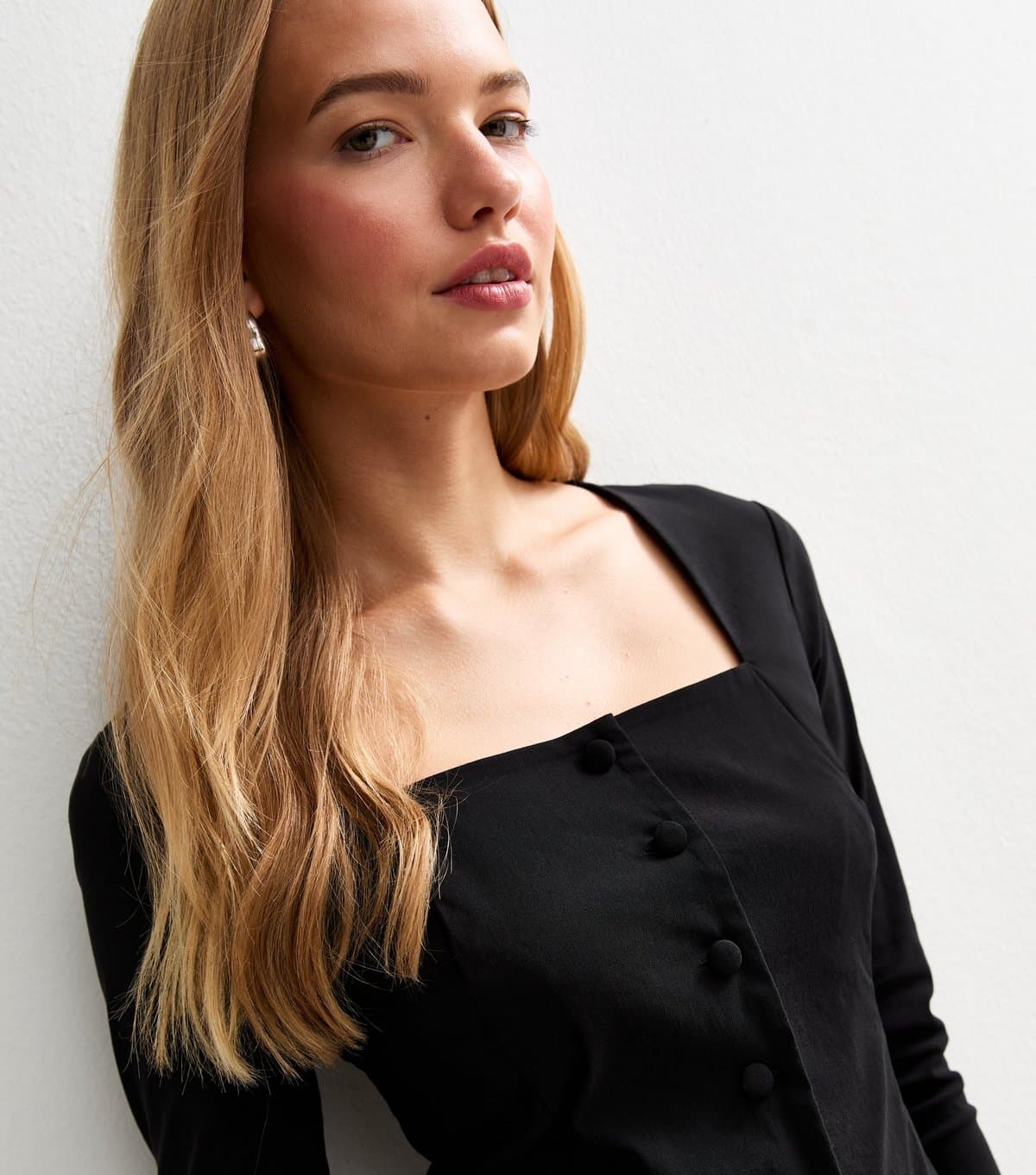 New Look Women's Black Square Neck Button Up Long Sleeve Top New Look
