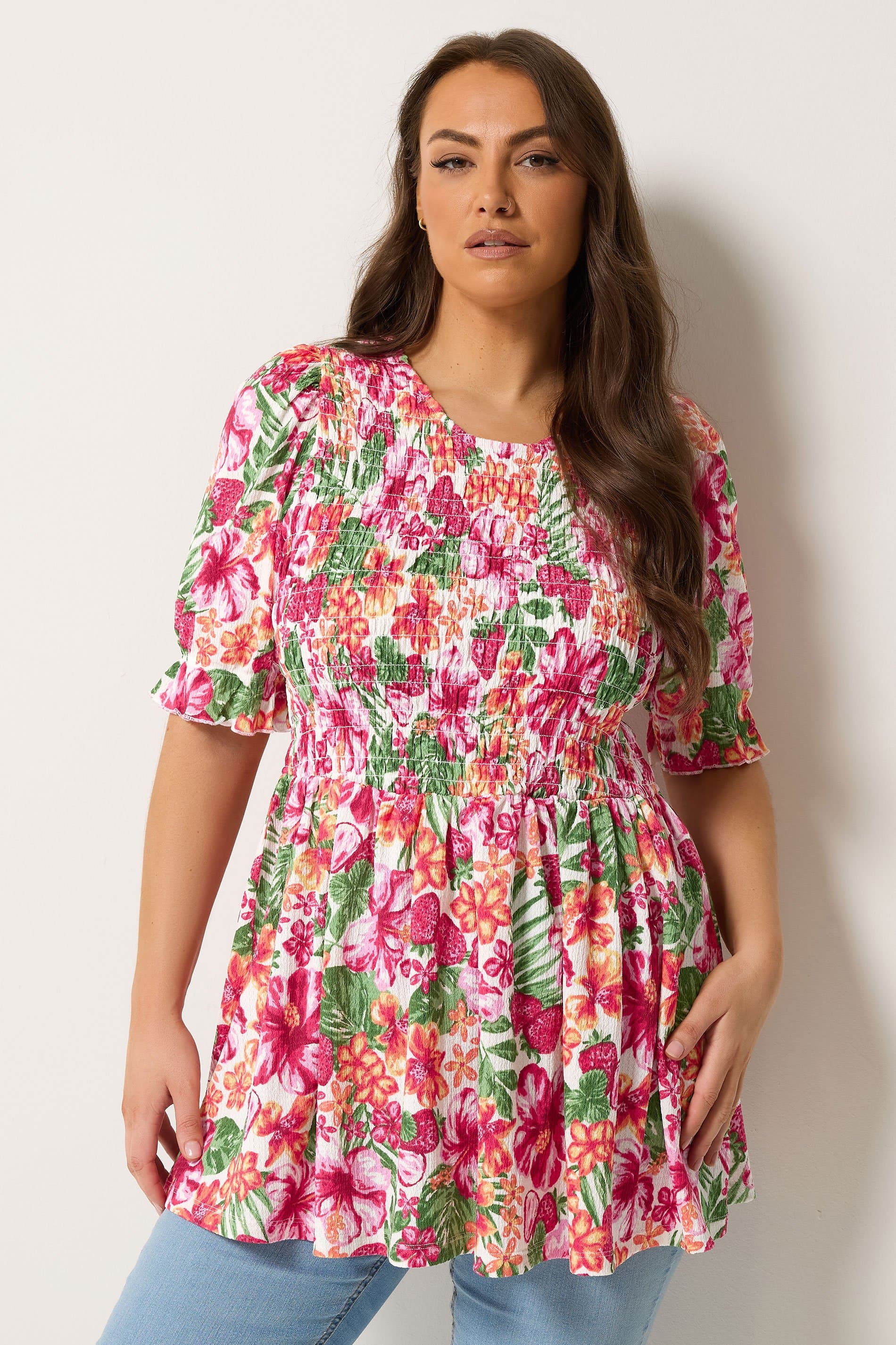 Yours Plus Size Pink Floral Shirred Puff Sleeve Top