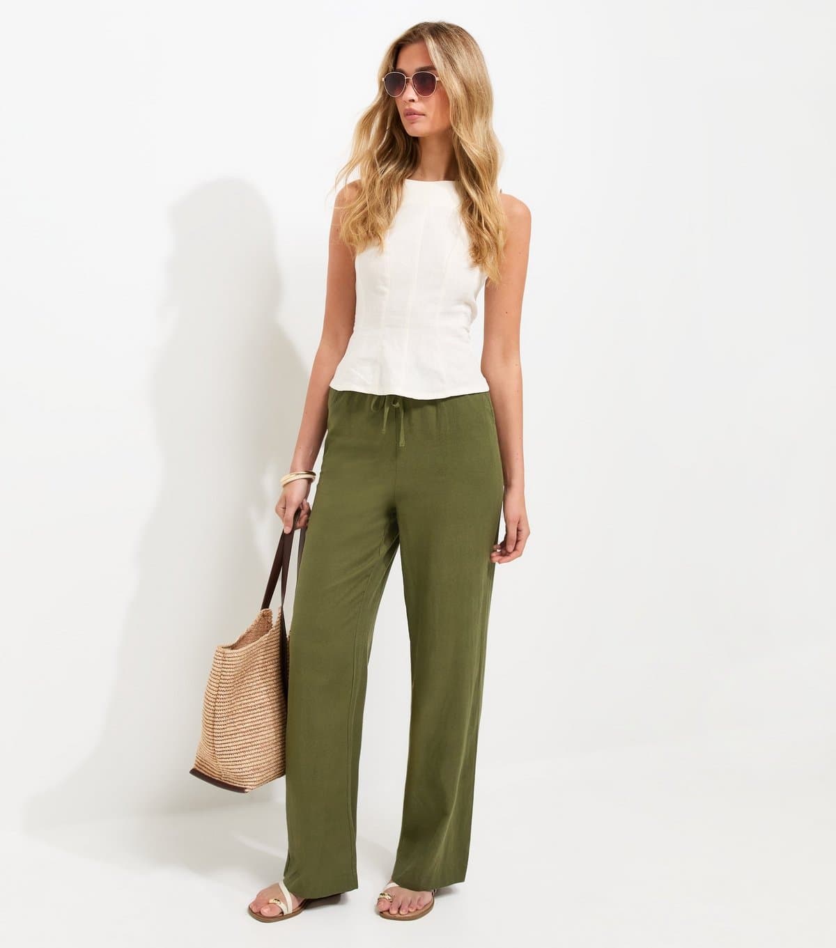 New Look Women's Tall Light Khaki Linen Rich Wide Leg Trousers New Look