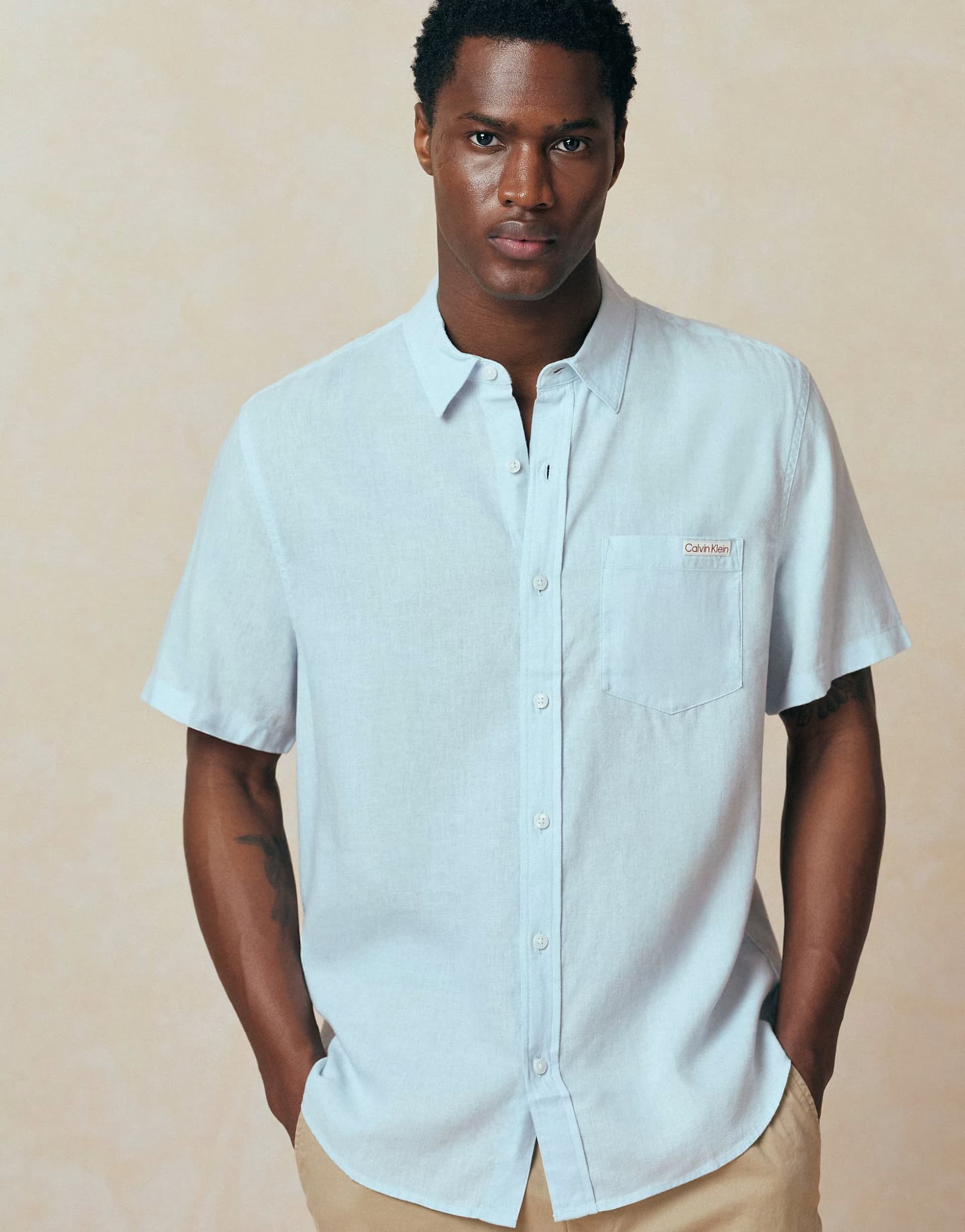 ASOS Calvin Klein Jeans casual linen short sleeve shirt in light blue