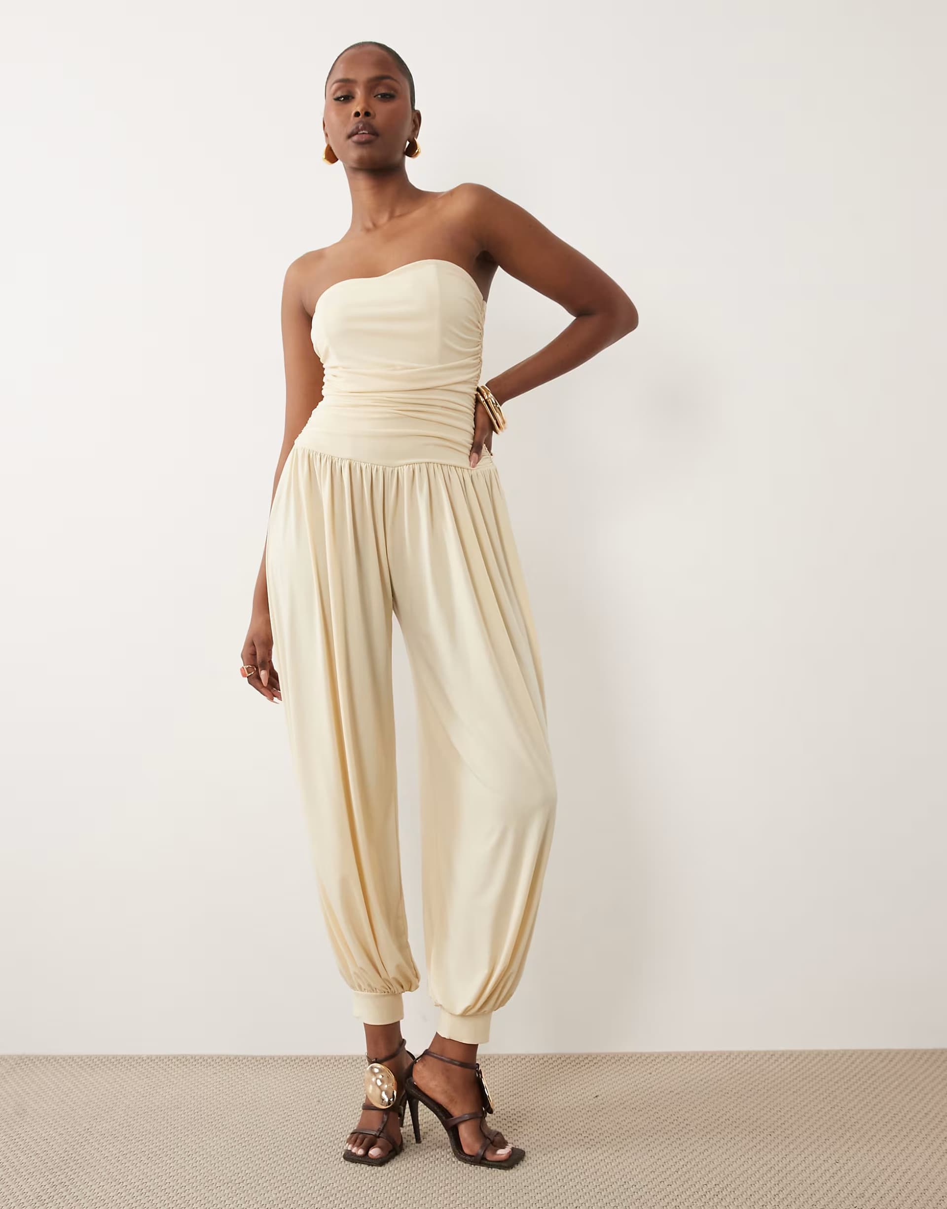 ASOS TFNC slinky bandeau hareem pant jumpsuit in cream