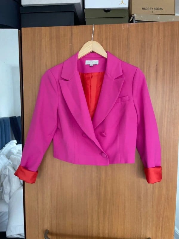 Never Fully Dressed Pink Crop Blazer with Red Turn-Up Cuffs
