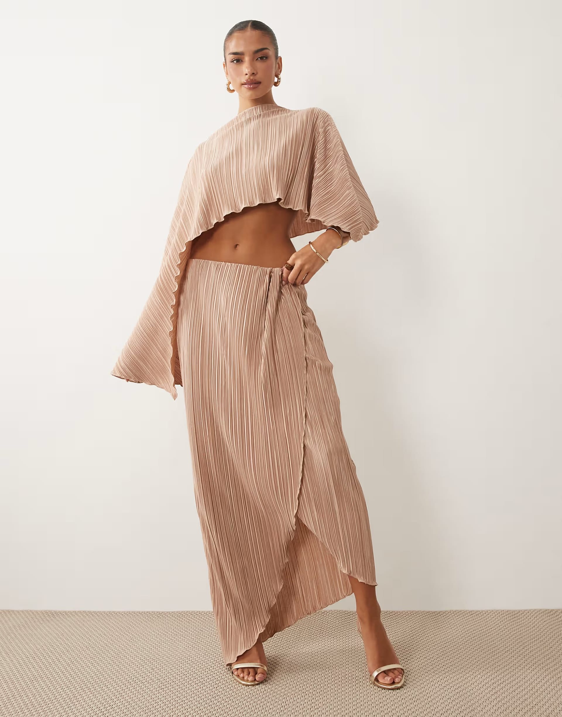 ASOS Plisse Co-ord Sarong Wrap Midi Skirt in Toffee