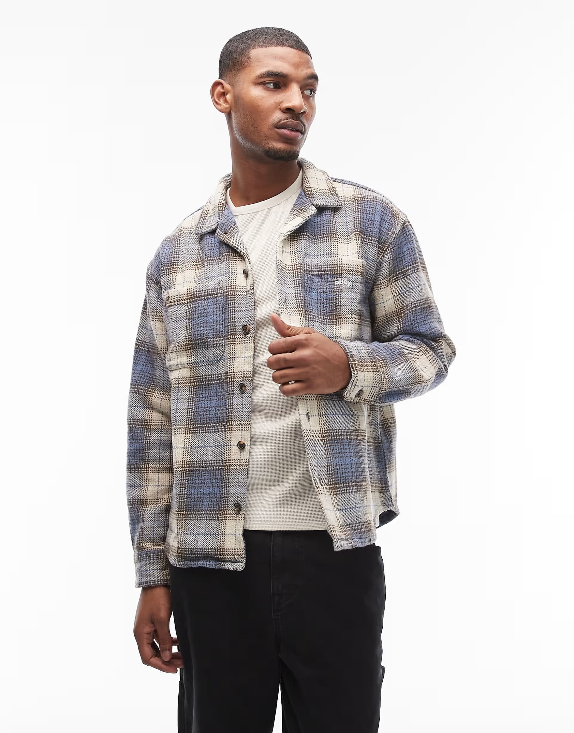 ASOS Obey laurel flannel long sleeve shirt in blue and beige