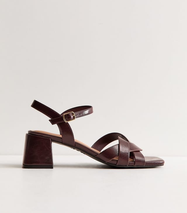 New Look Women's Dark Burgundy Faux Leather Interwoven Strap Block Heel Sandals Vegan New Look - 2