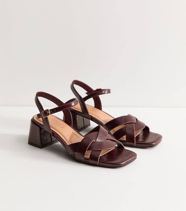 New Look Women's Dark Burgundy Faux Leather Interwoven Strap Block Heel Sandals Vegan New Look - 3