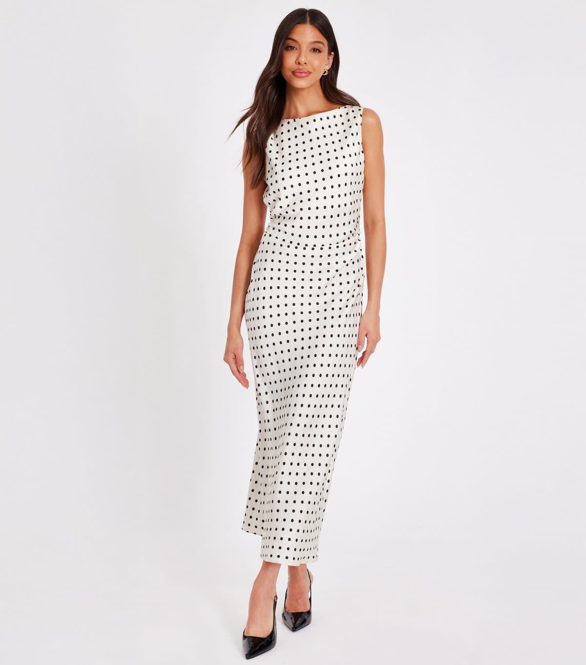 Quiz Women's Cream Satin Ruched Polka Dot Midaxi Dress Quiz New Look