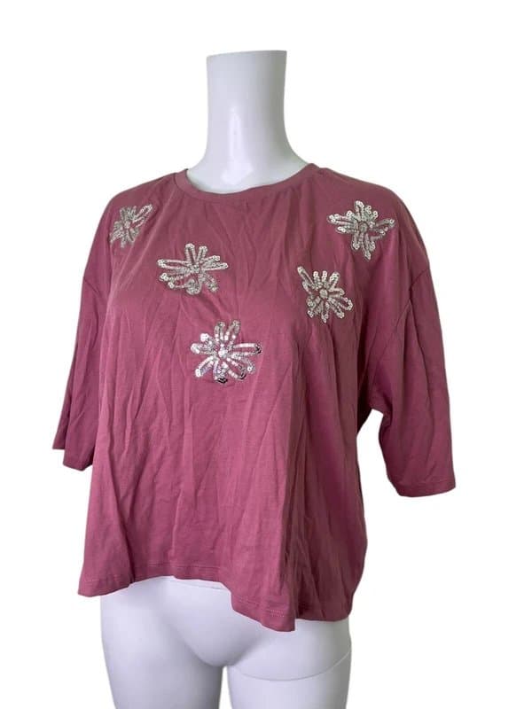 Next Next Top T-Shirt Size Medium Pink Cotton Sequinned Floral Women's NEW EU42 RRP£24