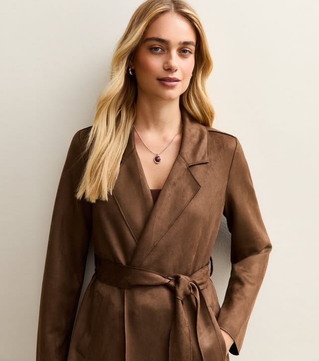 New Look Women's Dark Brown Faux Suede Belted Duster Coat New Look - 3