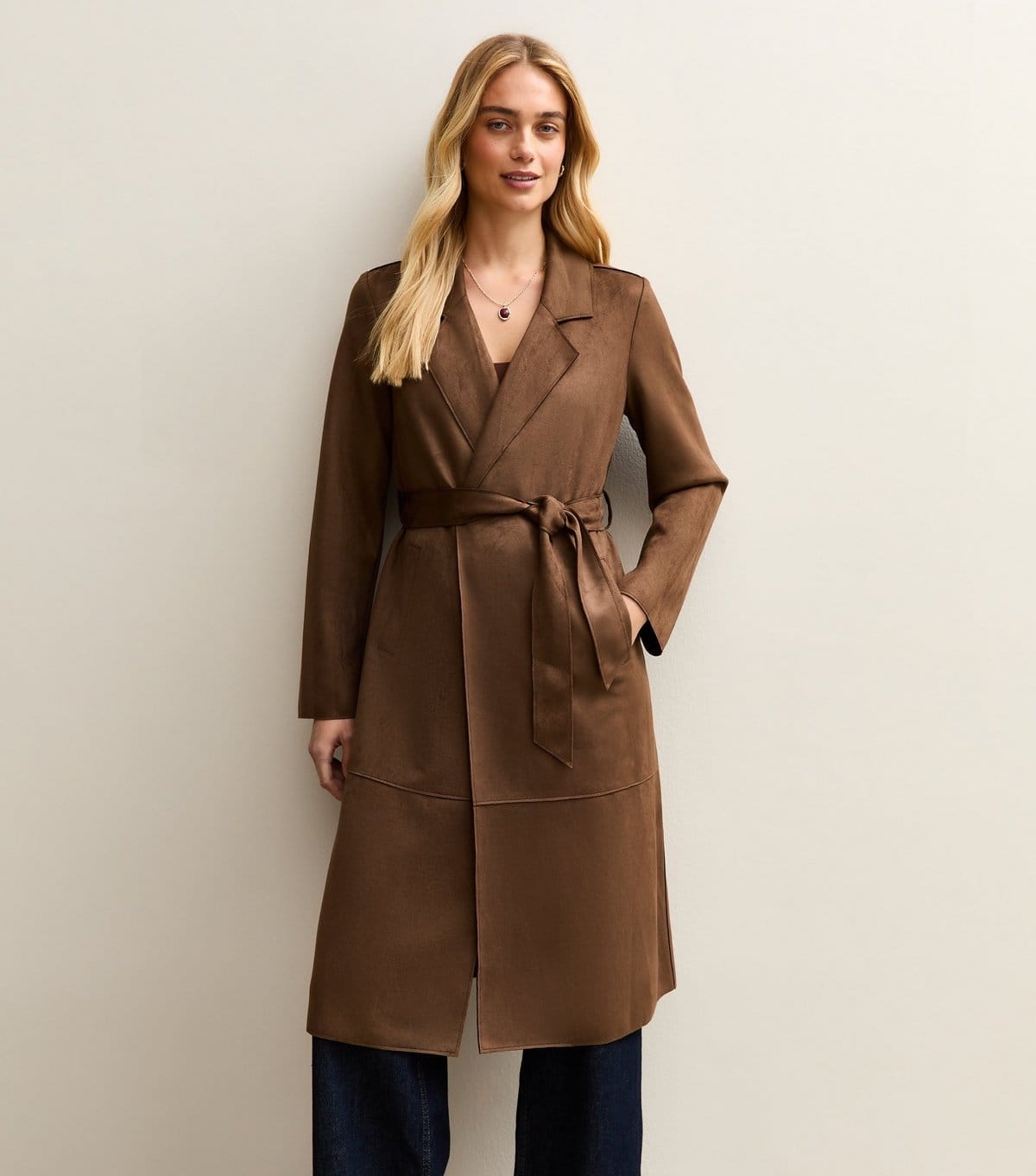New Look Women's Dark Brown Faux Suede Belted Duster Coat New Look - 4
