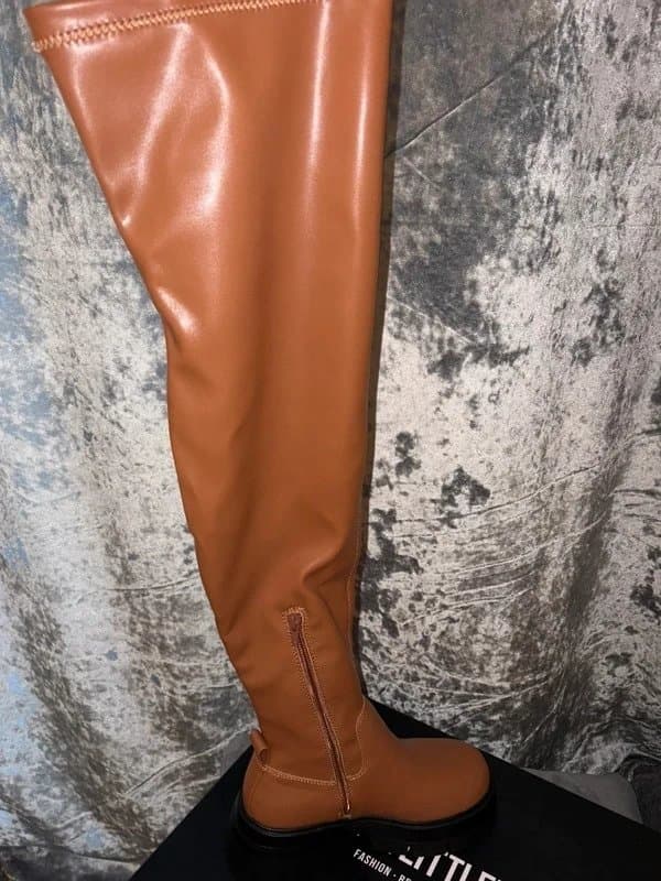PrettyLittleThing NEW in box Tan Brown over the knee / thigh high faux leather chunky black block heel winter boots 3