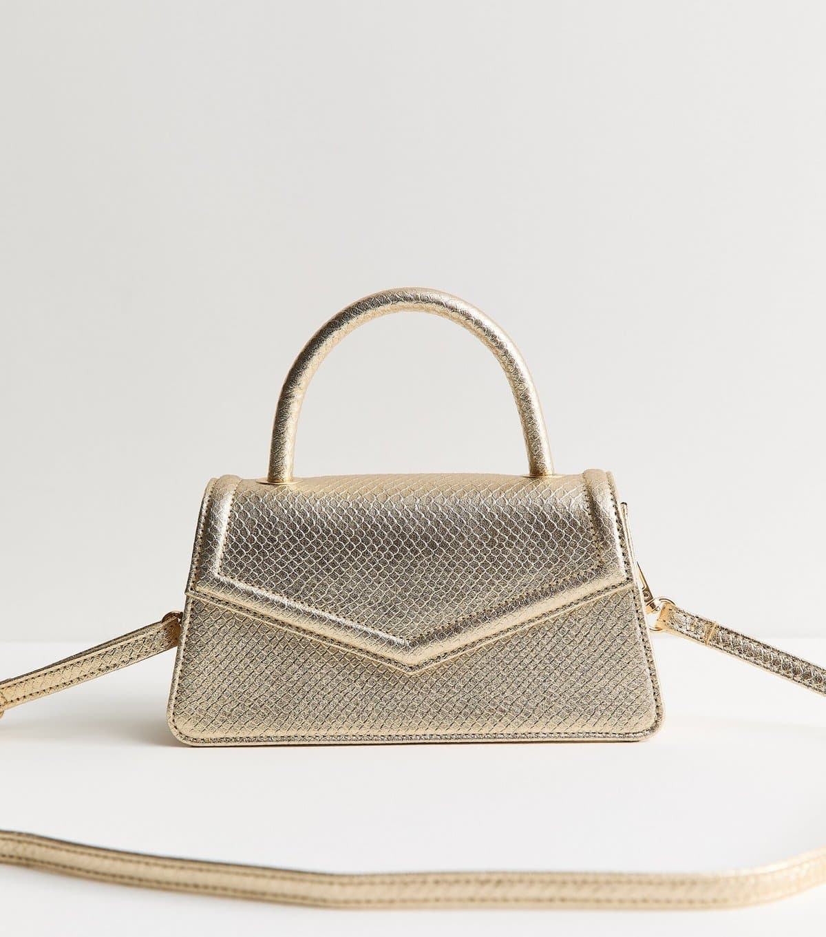 New Look Gold Snake Embossed Faux Leather Flap Top Handle Bag Vegan New Look