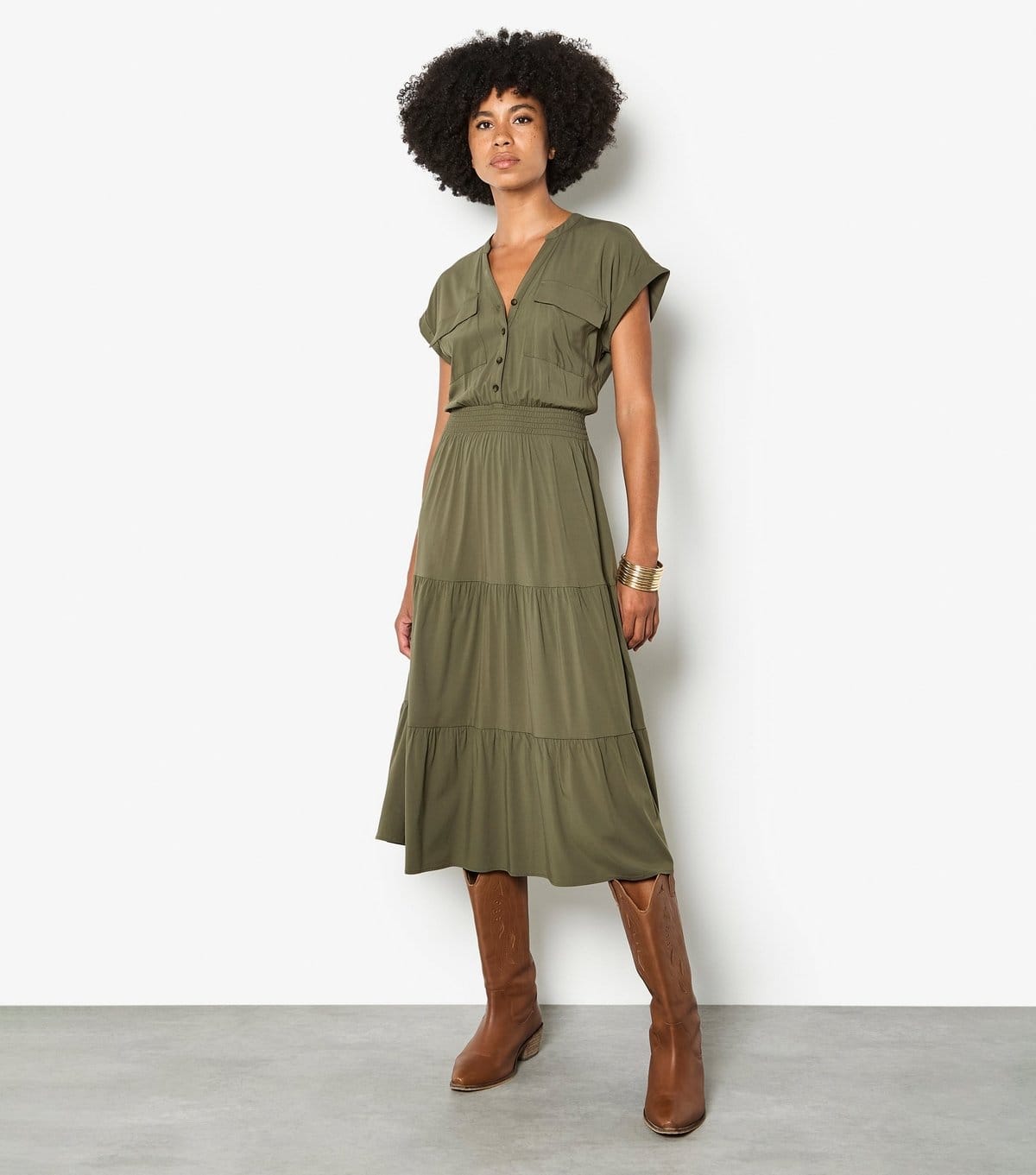 Apricot Dark Khaki V-Neck Tiered Midi Dress