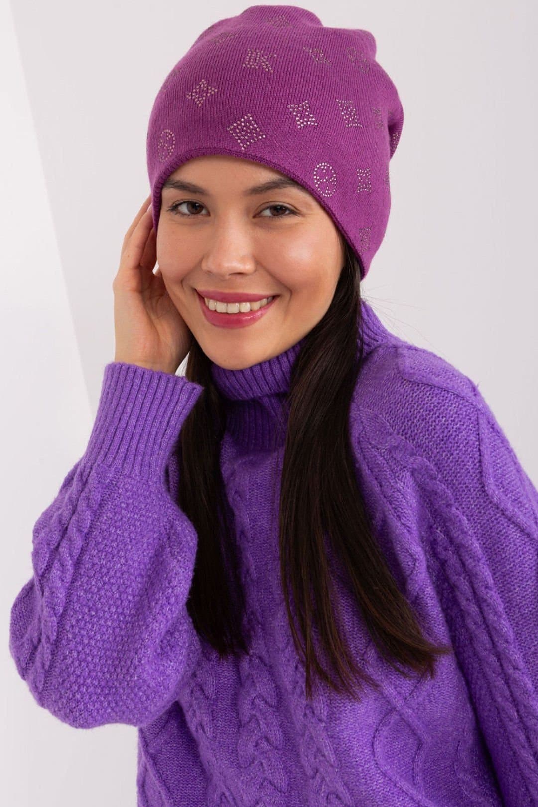 Love Lace Love Lace Women's Warm Winter Cashmere Beanie Hat with Rhinestone Decoration Soft in Violet