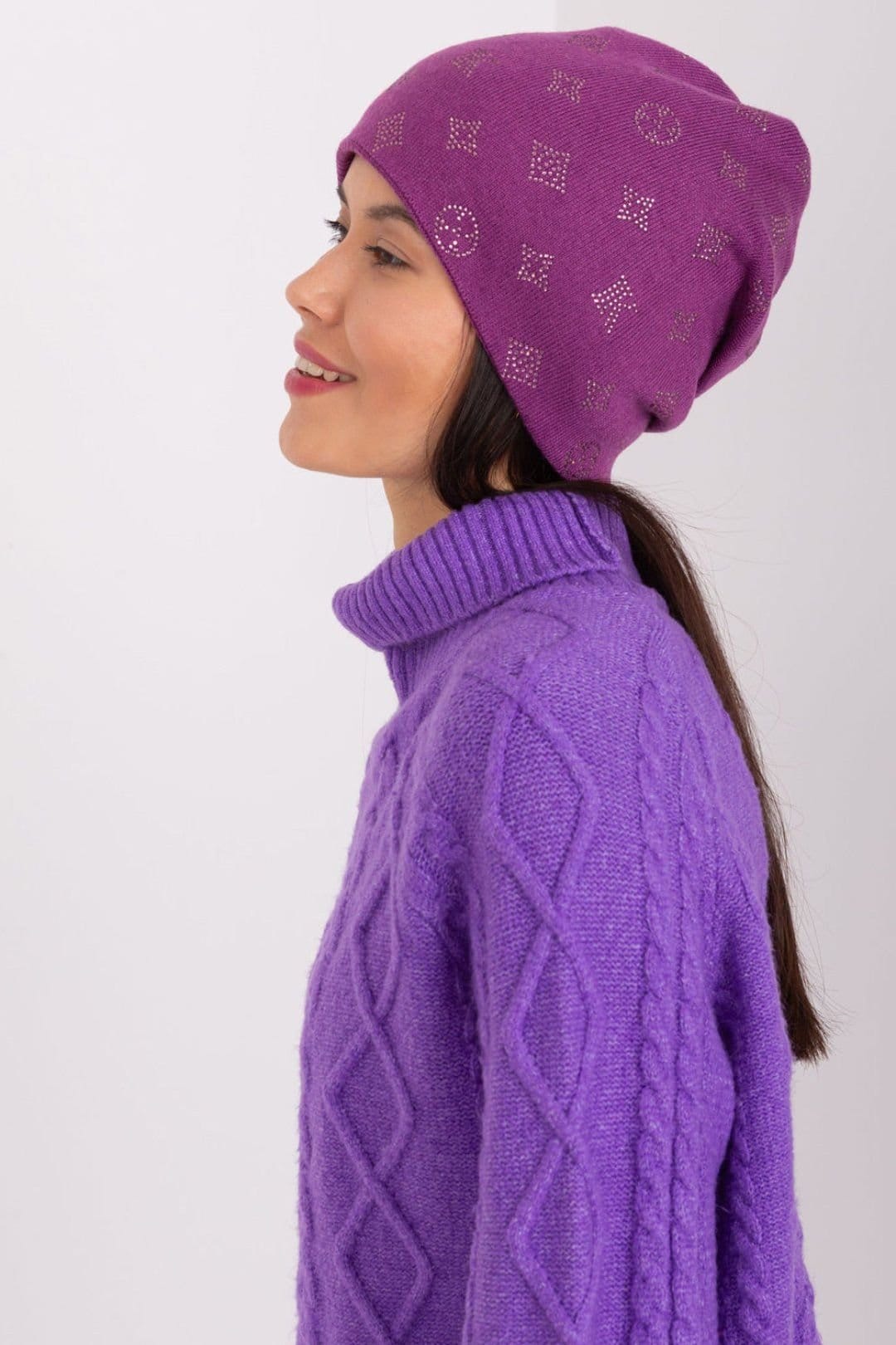 Love Lace Love Lace Women's Warm Winter Cashmere Beanie Hat with Rhinestone Decoration Soft in Violet - 4