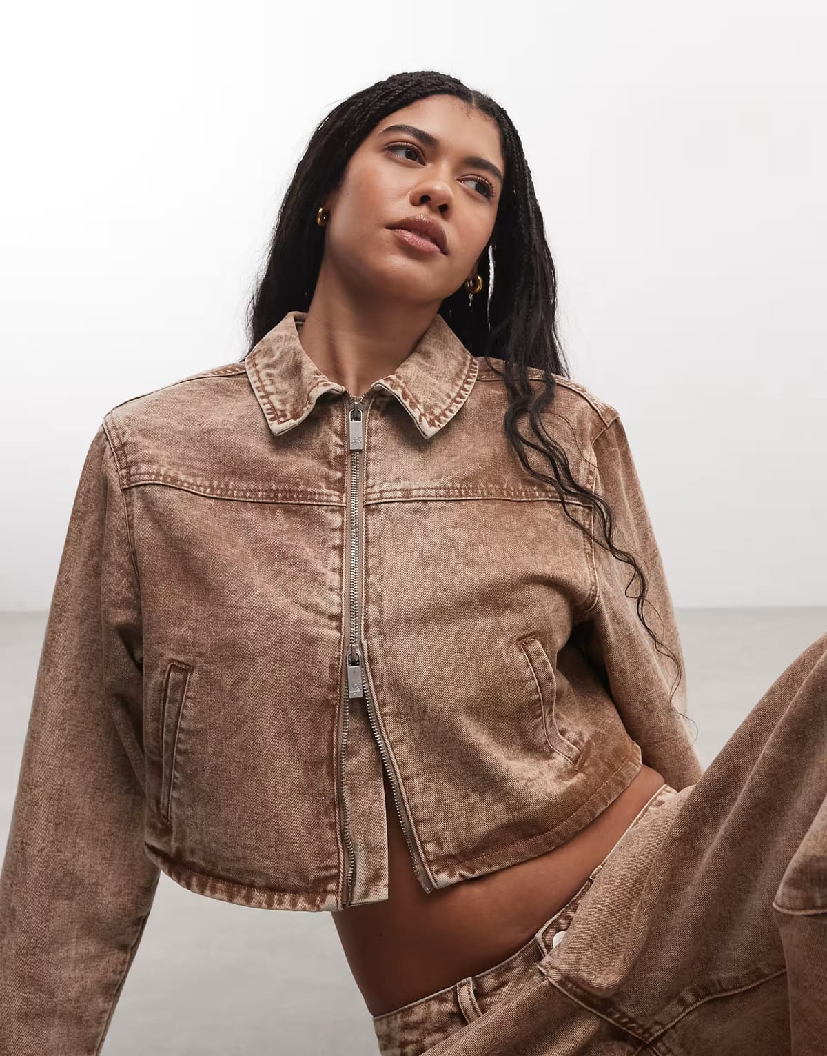 ASOS Liquor N Poker boxy zip through denim jacket co-ord in stone - 1