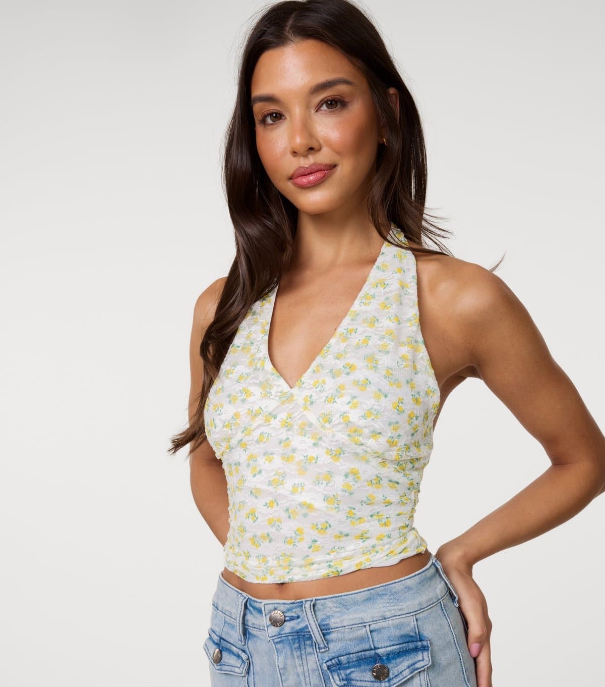 Pink Vanilla Women's Light Yellow Floral Halterneck Top Pink Vanilla New Look