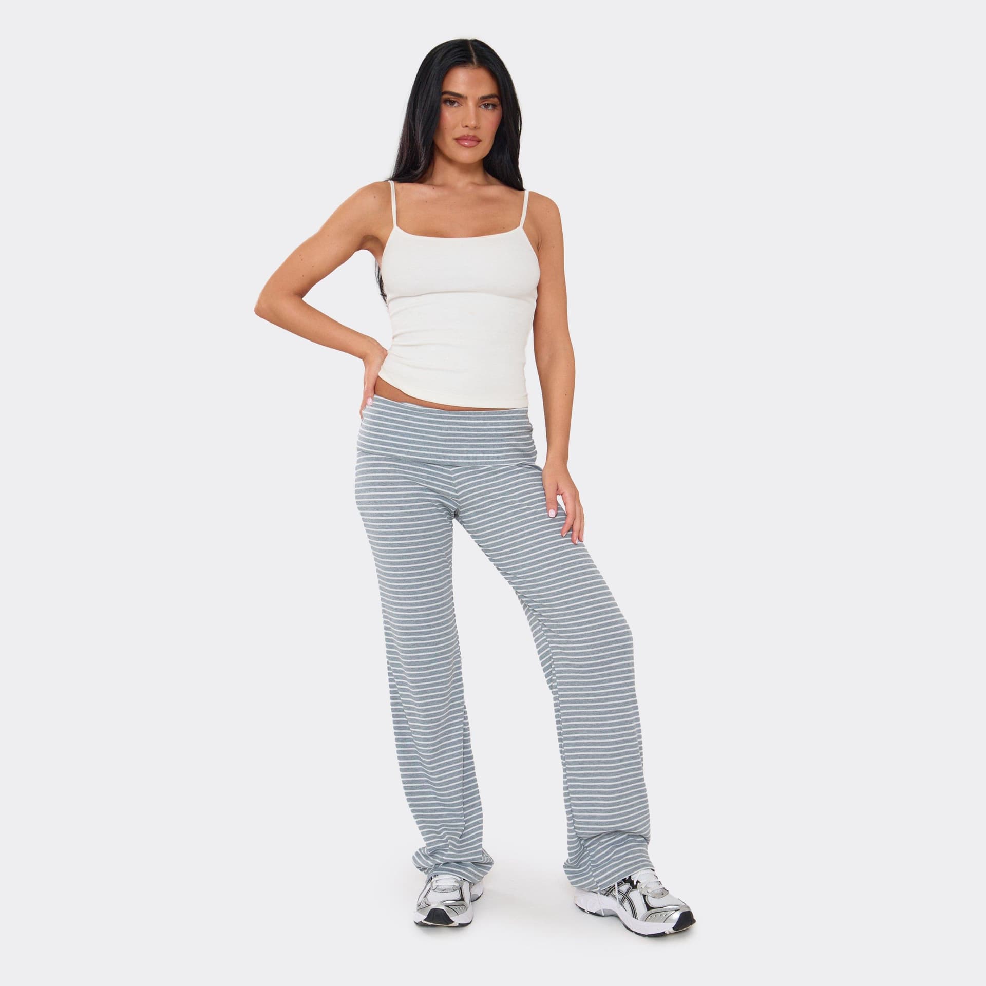 EGO Low Rise Fold Over Waist Detail Flared Trousers In Grey Stripe Ribbed, Women's Size UK 6