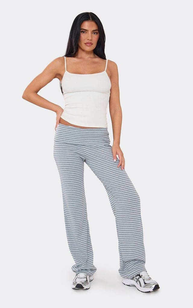 EGO Low Rise Fold Over Waist Detail Flared Trousers In Grey Stripe Ribbed, Women's Size UK 6 - 2