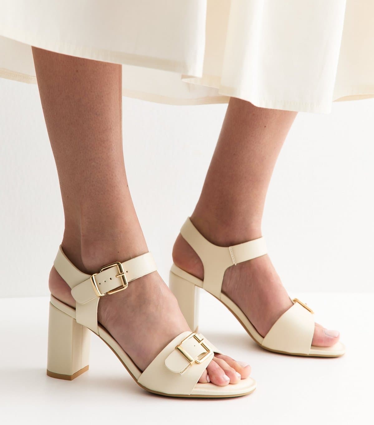New Look Women's Wide Fit Off White Double Buckle Block Heel Sandals Vegan New Look