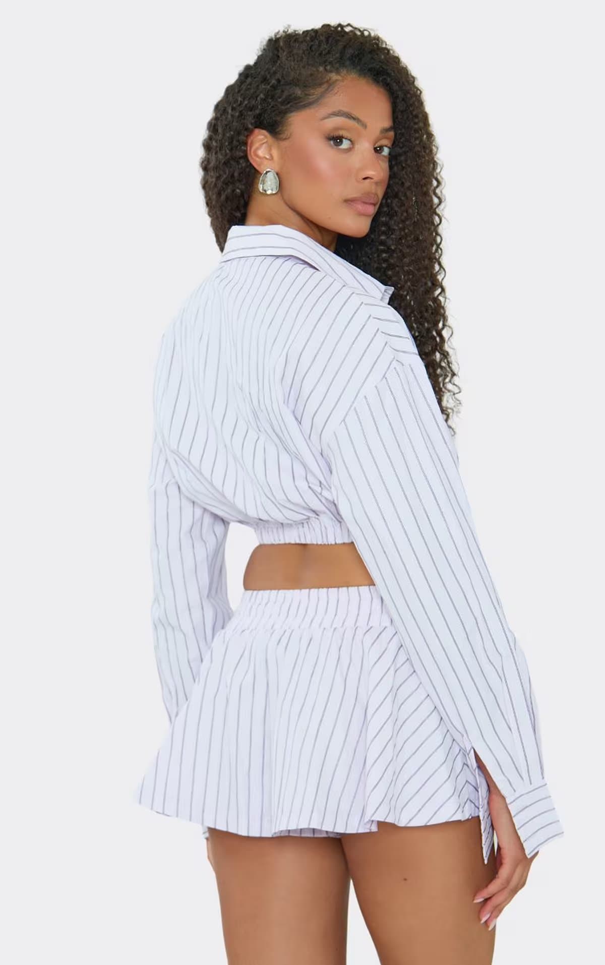 EGO Button Front Floaty Short In Purple Pinstripe, Women's Size UK 6