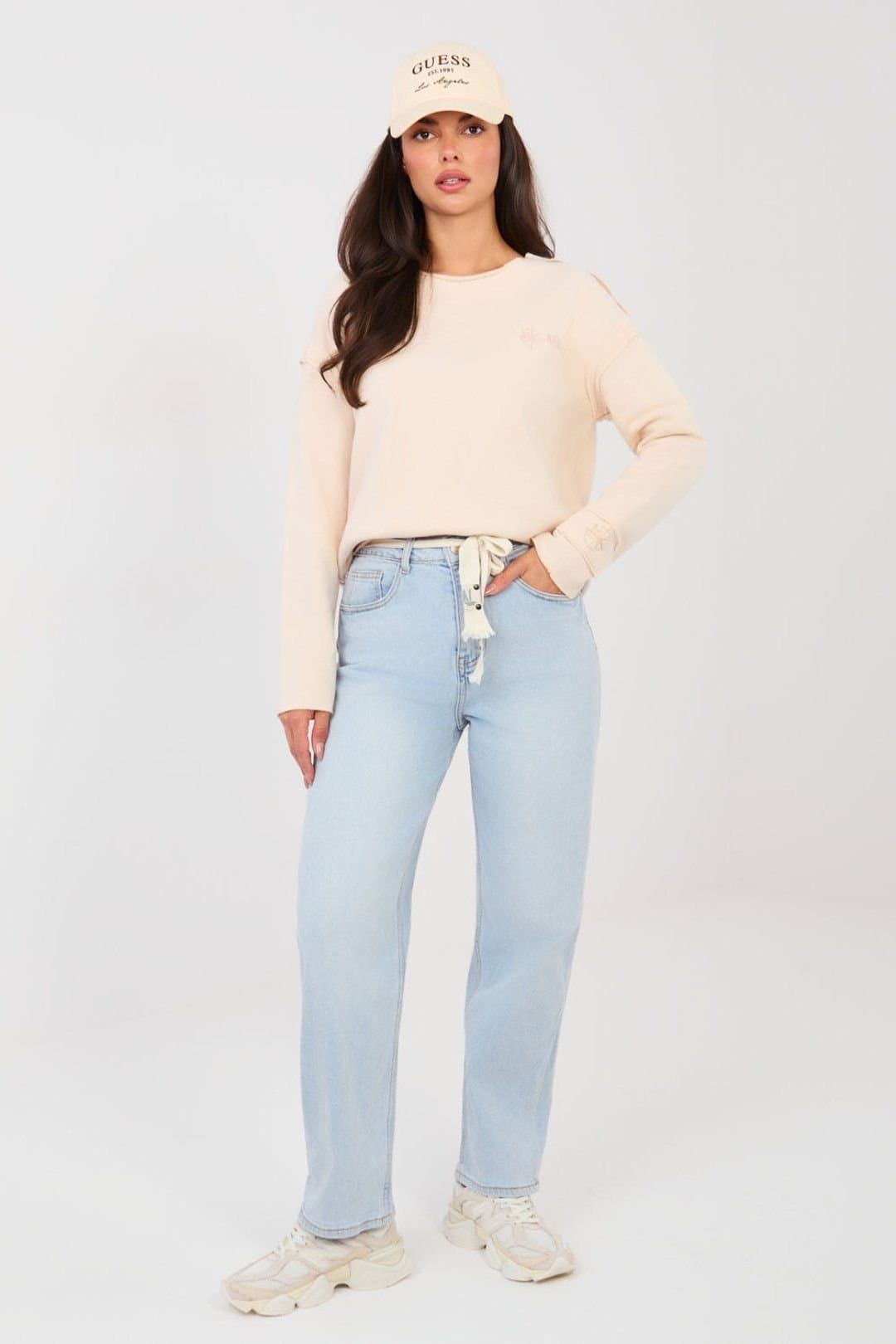 Love Lace Love Lace Women's High Waisted Balloon Fit Tie Belt Jeans in Blue