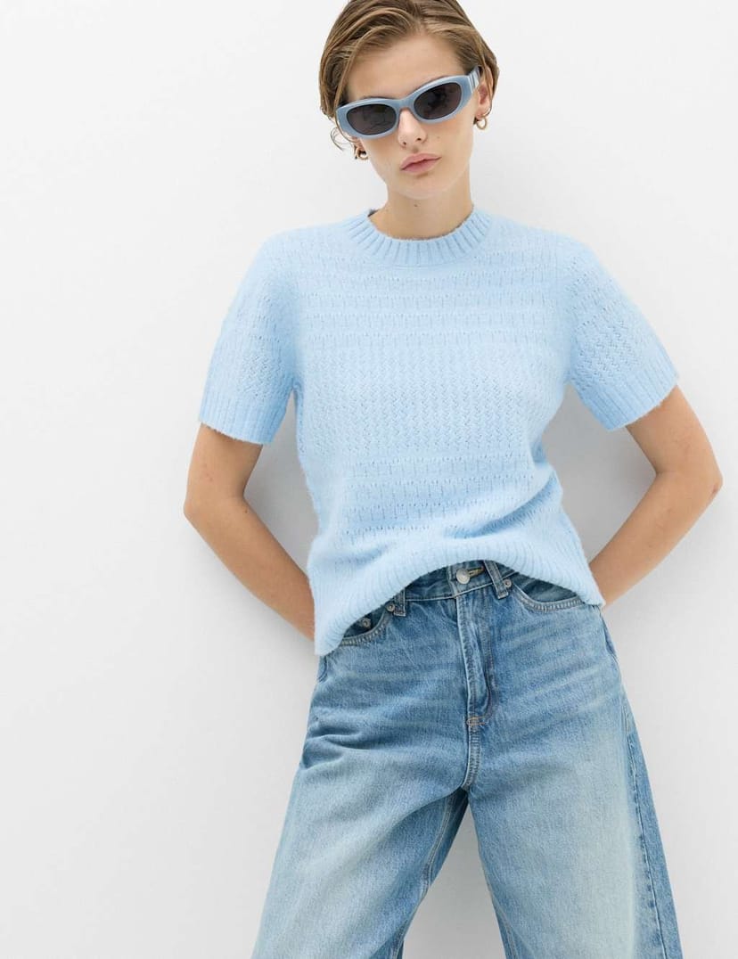 Marks & Spencer M&S Pointelle Knitted Top With Wool Faded Blue - 1