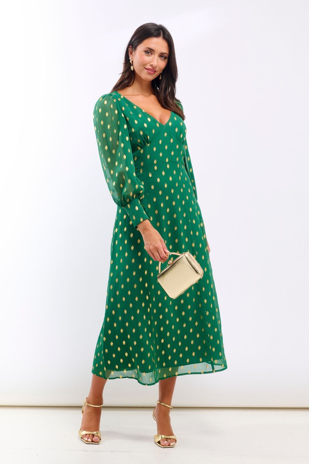 Needs No Label Needs No Label Women's Green Foil Plunge Midi Dress - 2