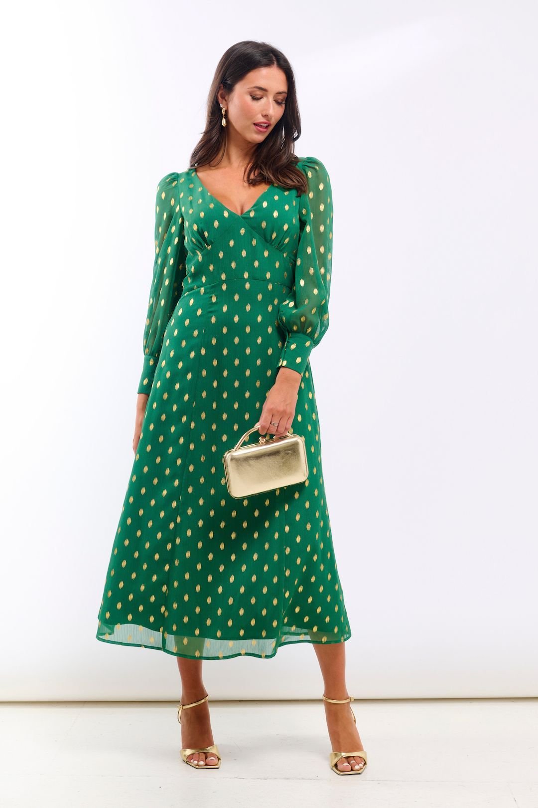 Needs No Label Needs No Label Women's Green Foil Plunge Midi Dress - 3