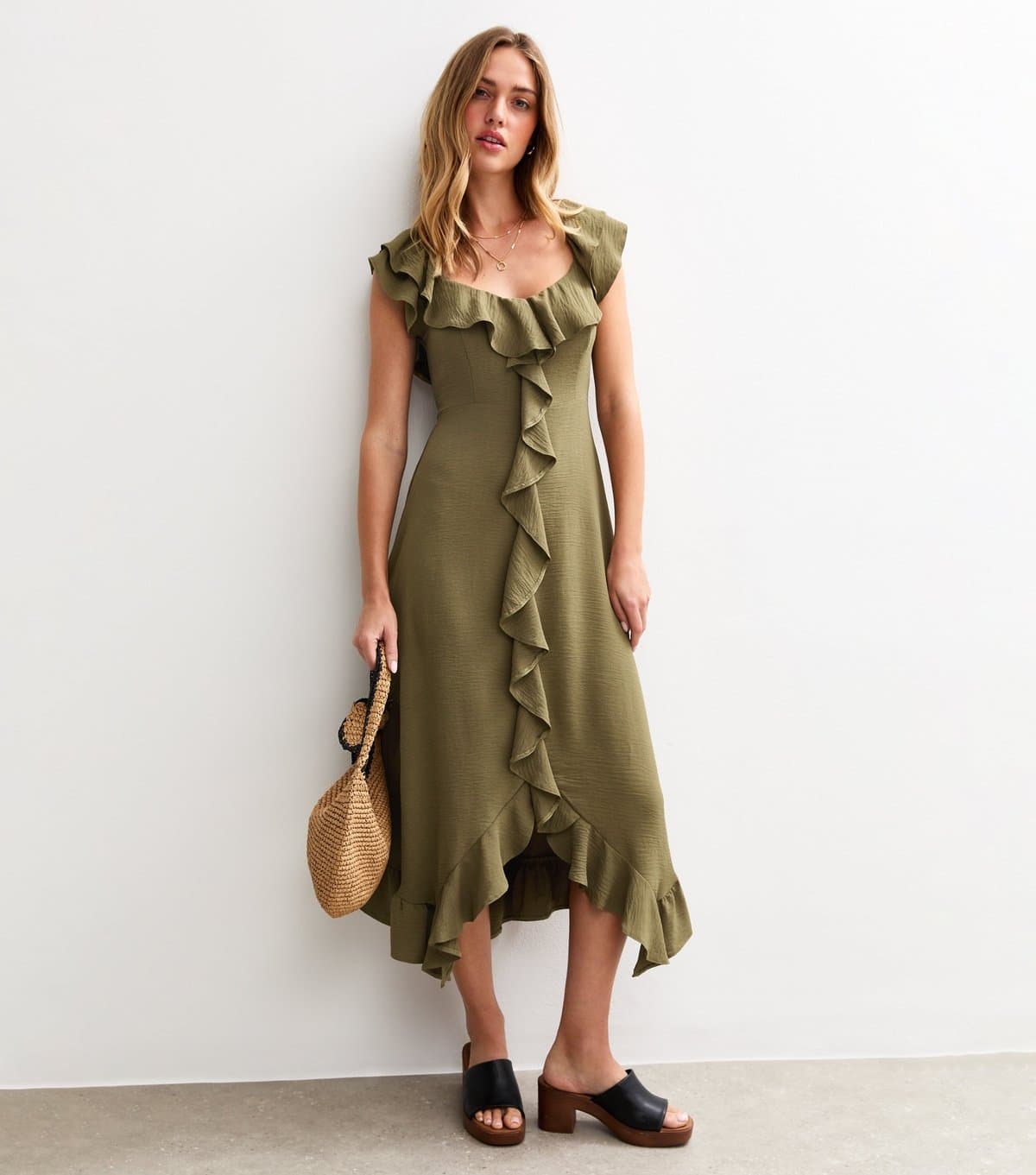New Look Women's Khaki Ruffled Trim Asymmetric Hem Midi Dress New Look