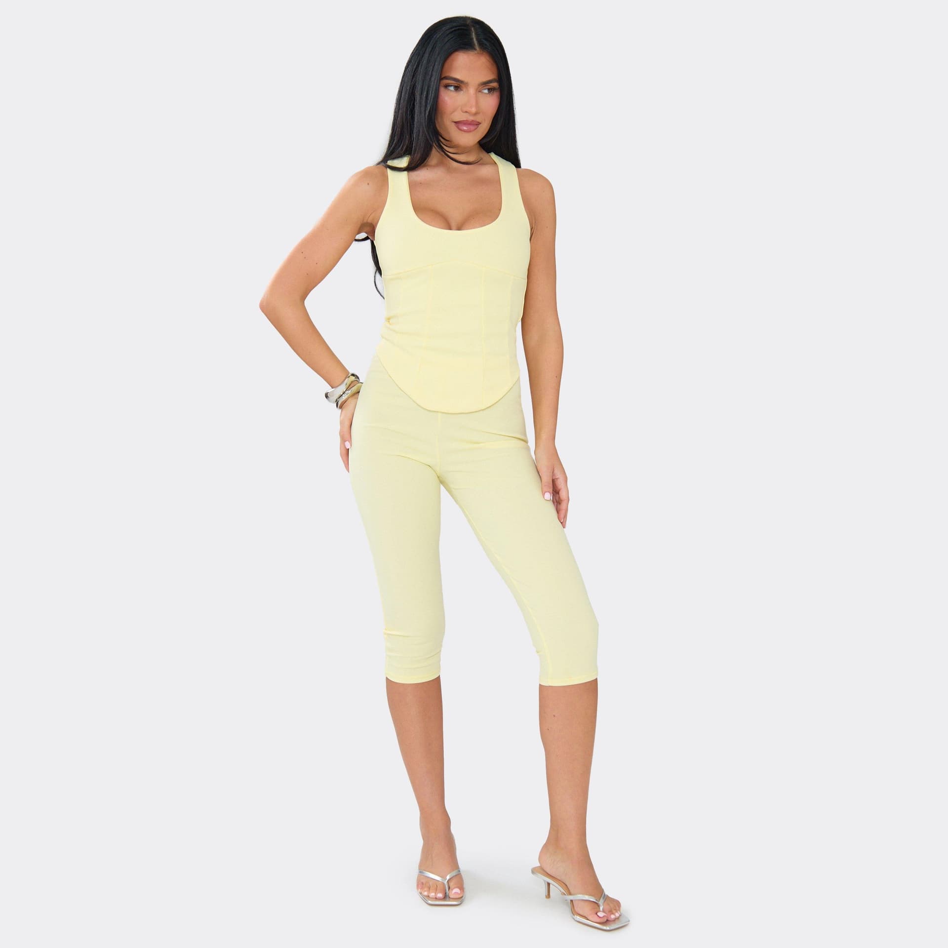 EGO Scoop Neck Corset Top And Capri Trouser Co-Ord Set In Lemon, Women's Size UK 6