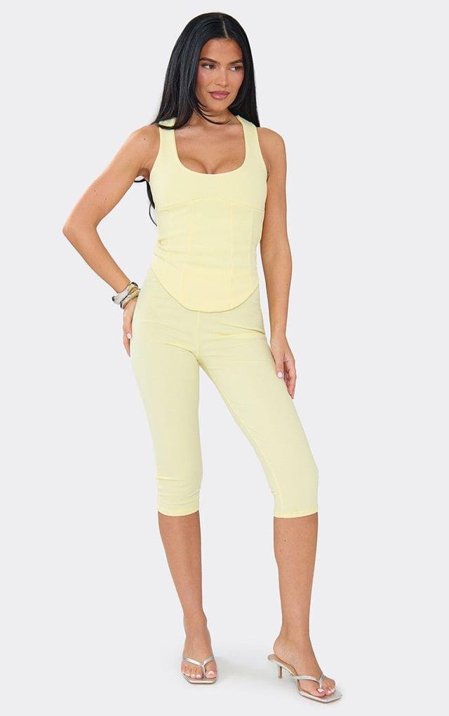 EGO Scoop Neck Corset Top And Capri Trouser Co-Ord Set In Lemon, Women's Size UK 6 - 2