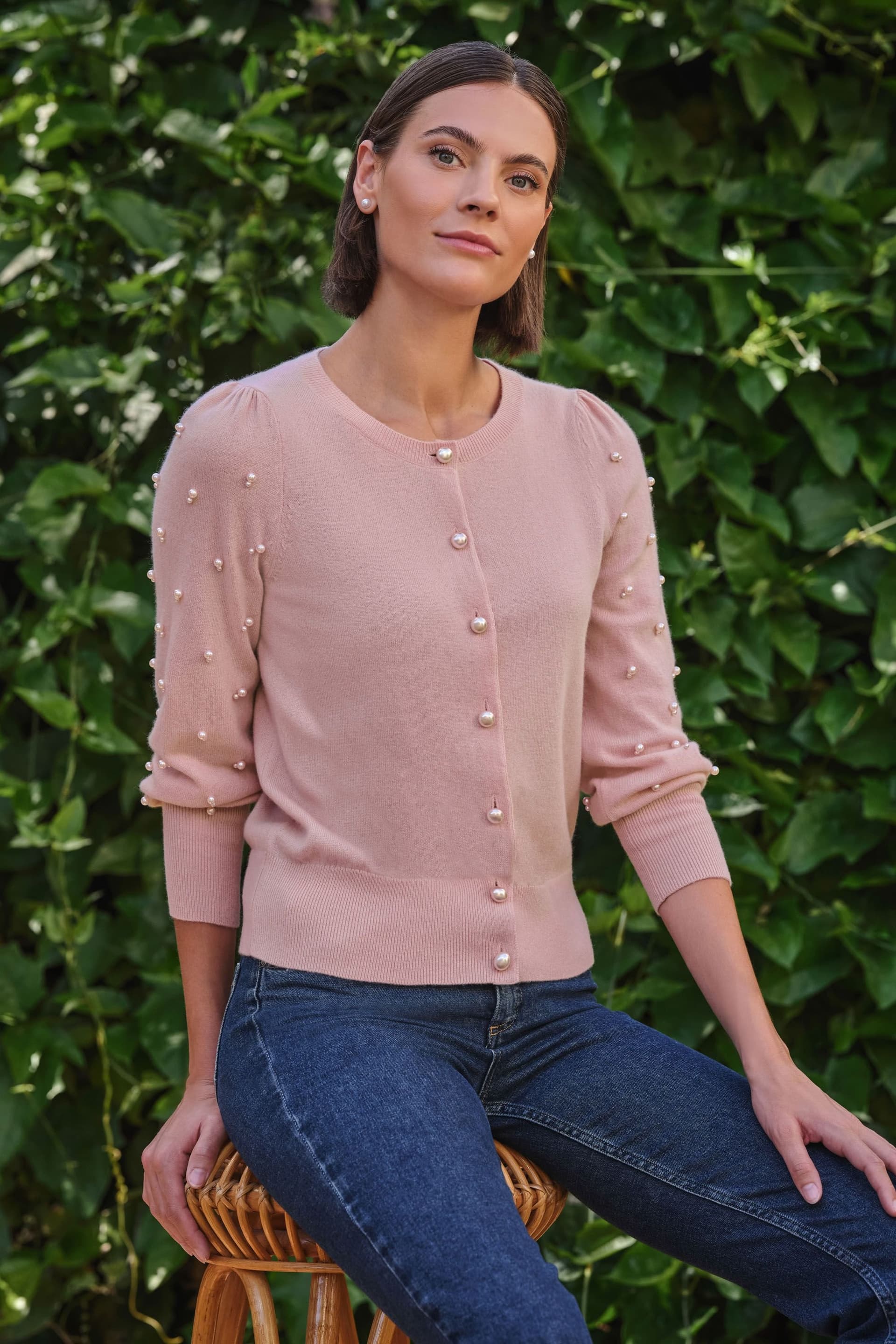 Pure Collection Pure Collection Women's Cashmere Blend Pearl Cardigan in Pink